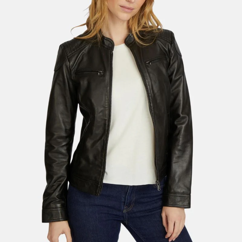 womens black stand up collar leather moto jacket
