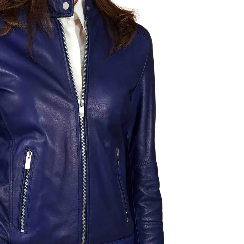women's blue cafe racer leather jacket