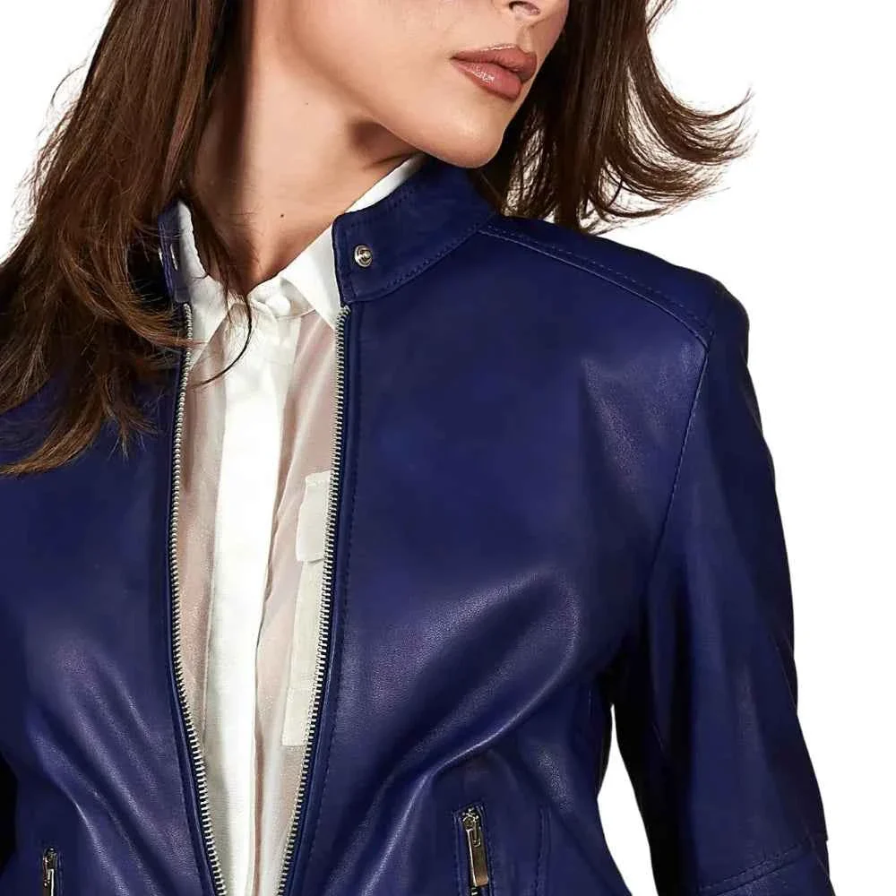 women's blue cafe racer leather jacket