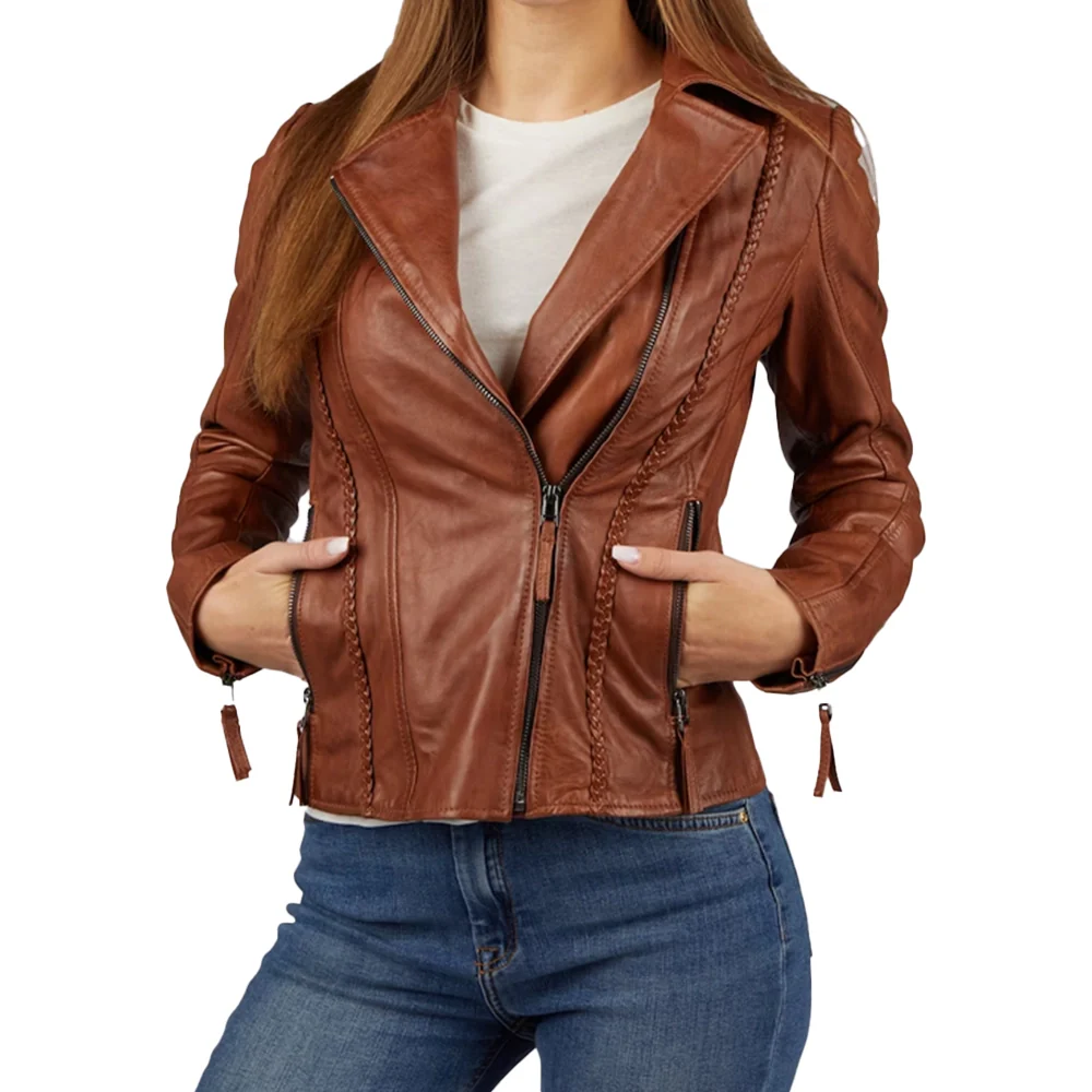 women asymmetrical cognac motorcycle leather jacket