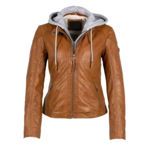 womens cognac brown leather motorcycle jacket with removable hood