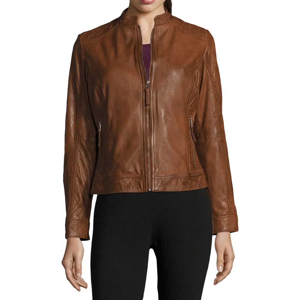 genuine biker brown cognac leather jacket womens