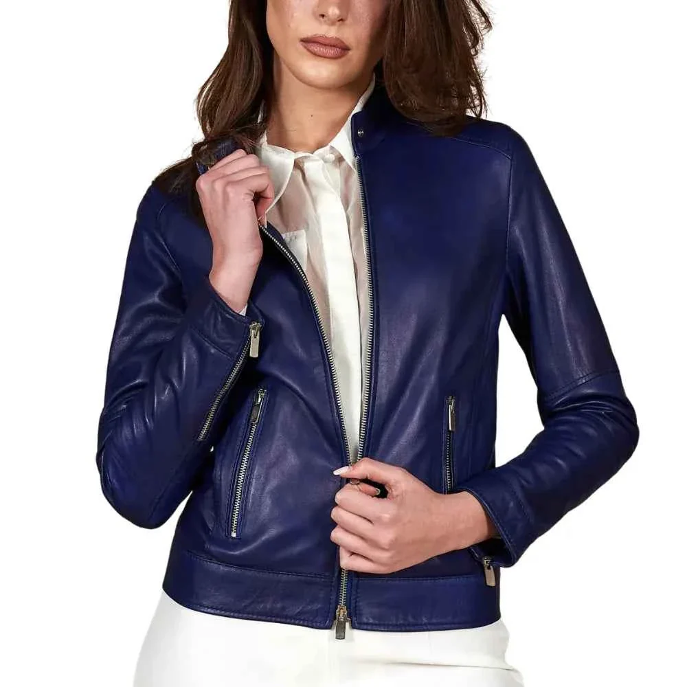 women's blue cafe racer leather jacket
