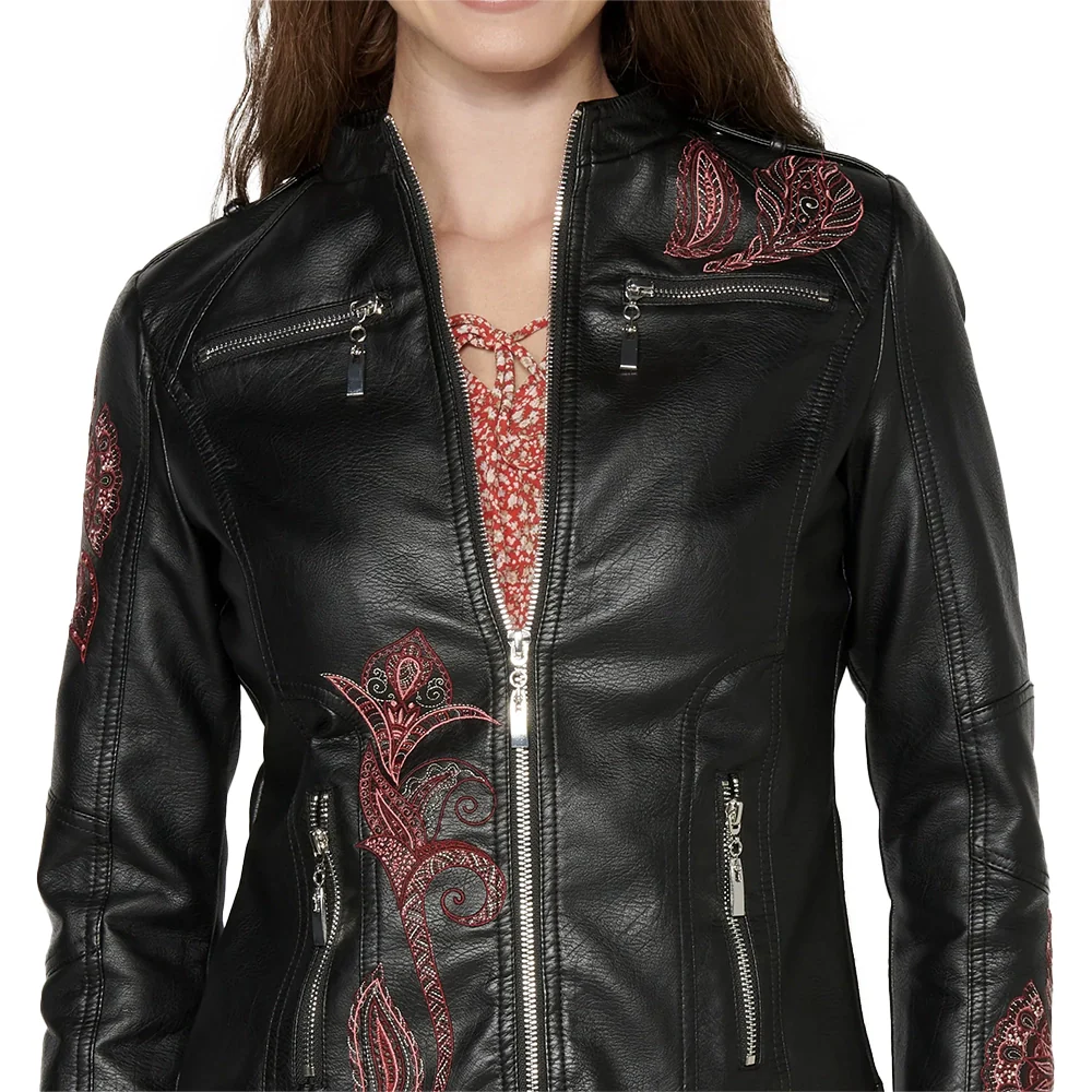 charlotte womens black floral embroidered leather jacket