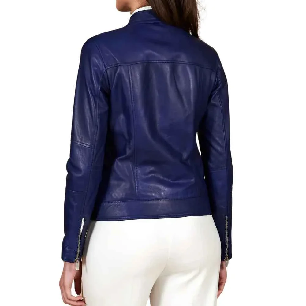 women's blue cafe racer leather jacket