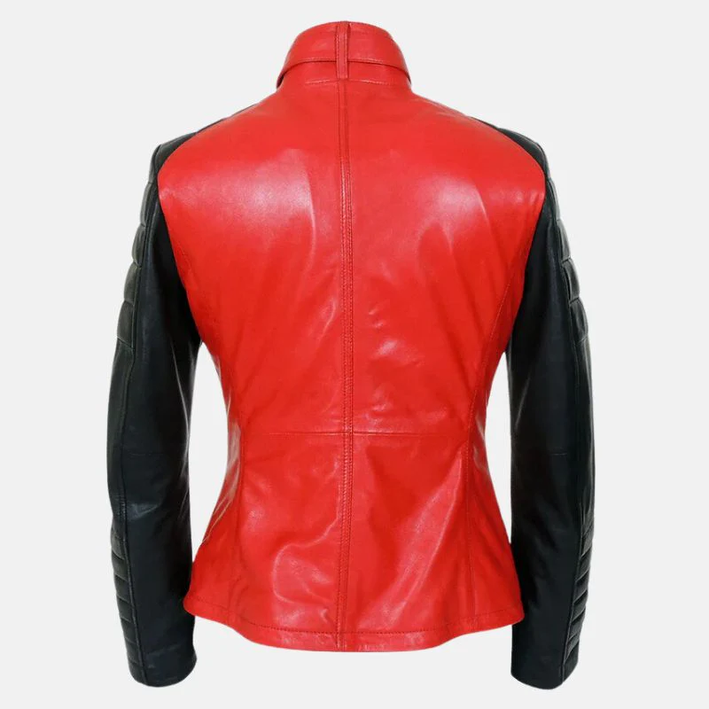 womens red and black leather biker jacket
