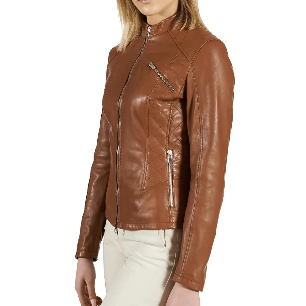 women's brown cafe racer leather motorcycle jacket