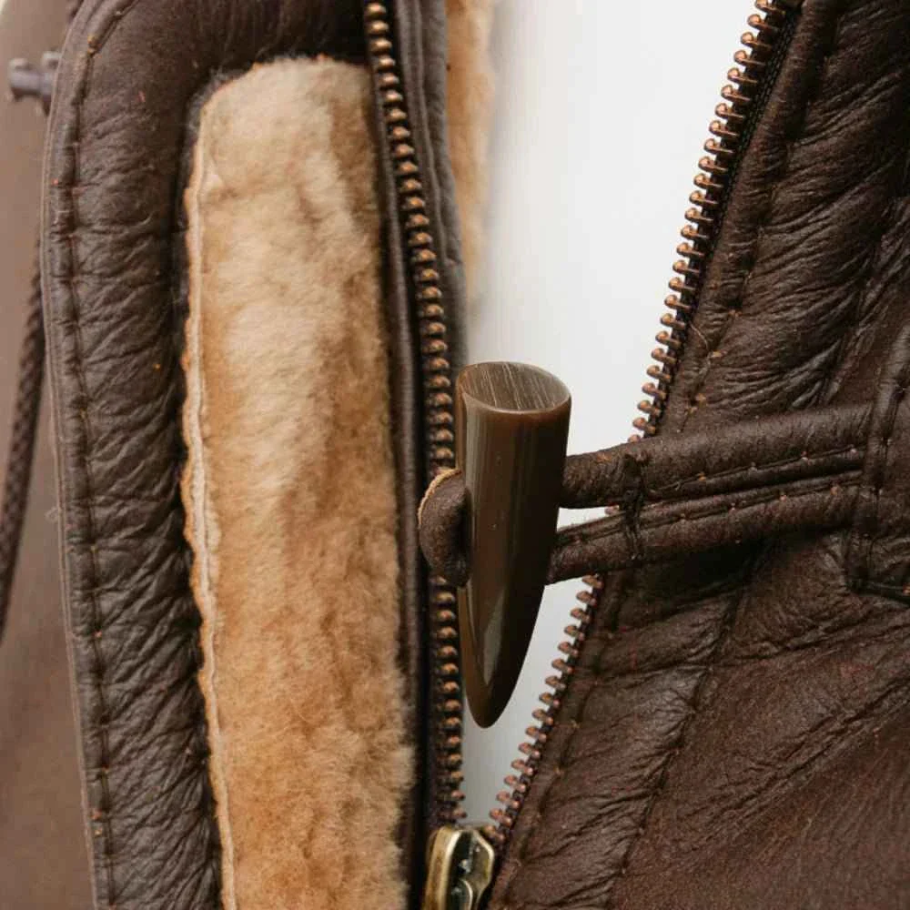 women's brown sheepskin duffle coat with hood