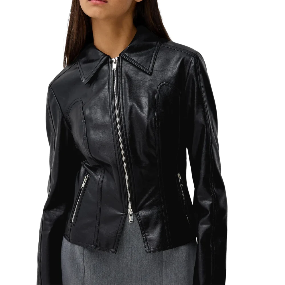 womens shirt collar leather black jacket