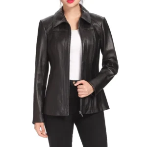 womens three quarter black long leather coat
