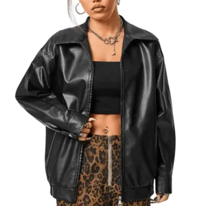 women's oversized black leather motorcycle jacket