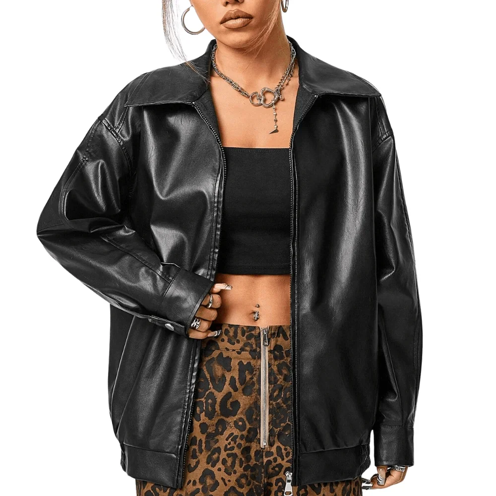women's oversized black leather motorcycle jacket