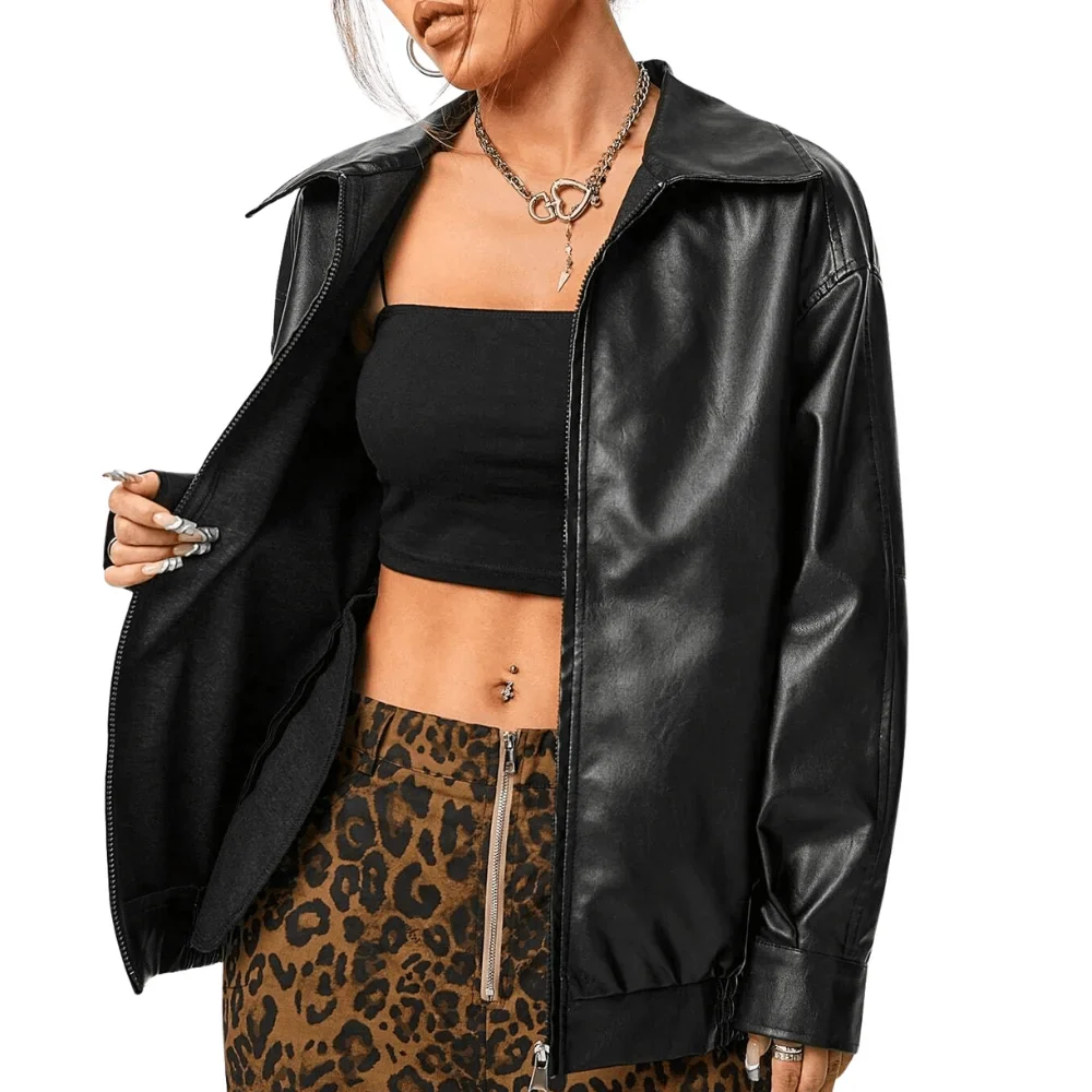 women's oversized black leather motorcycle jacket