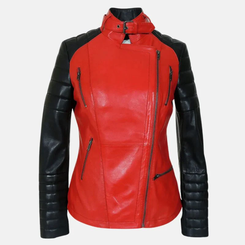 womens red and black leather biker jacket