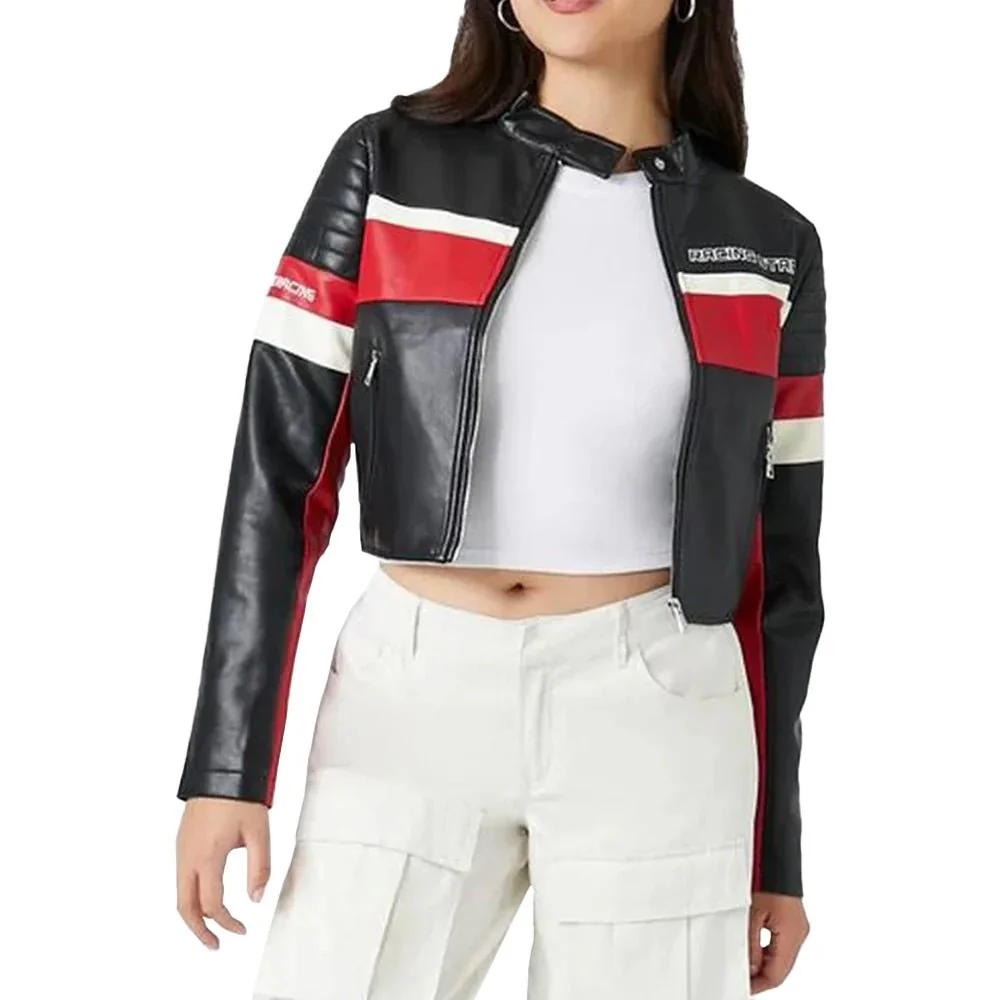 ladies cropped red black and white leather jacket