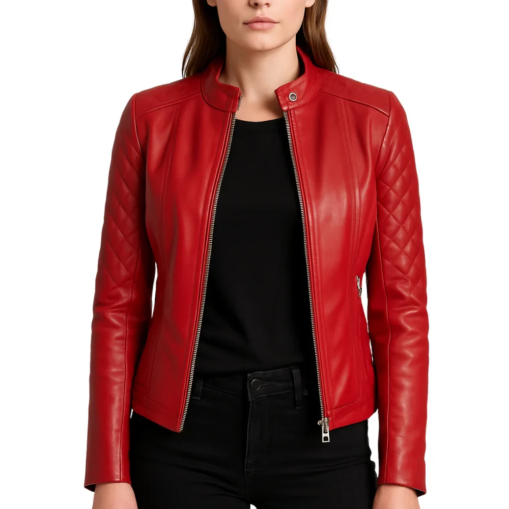 women's quilted real leather red cafe racer jacket