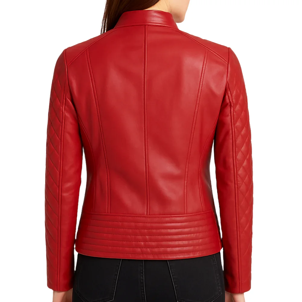 women's quilted real leather red cafe racer jacket