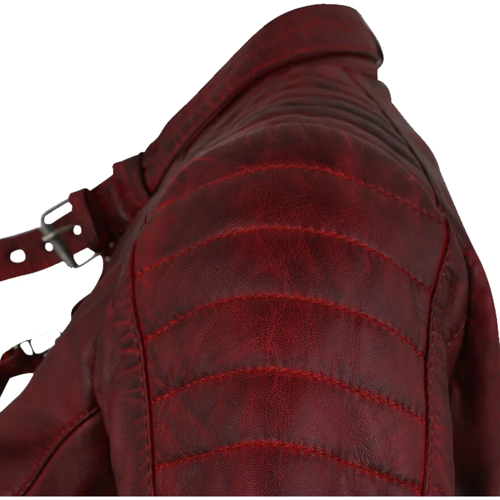 womens biker dark red leather jacket