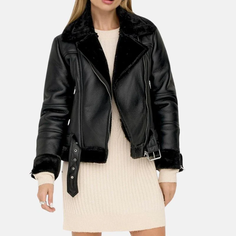 womens black shearling jacket with asymmetrical zipper