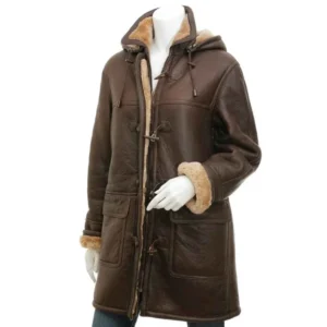 women's brown sheepskin duffle coat with hood