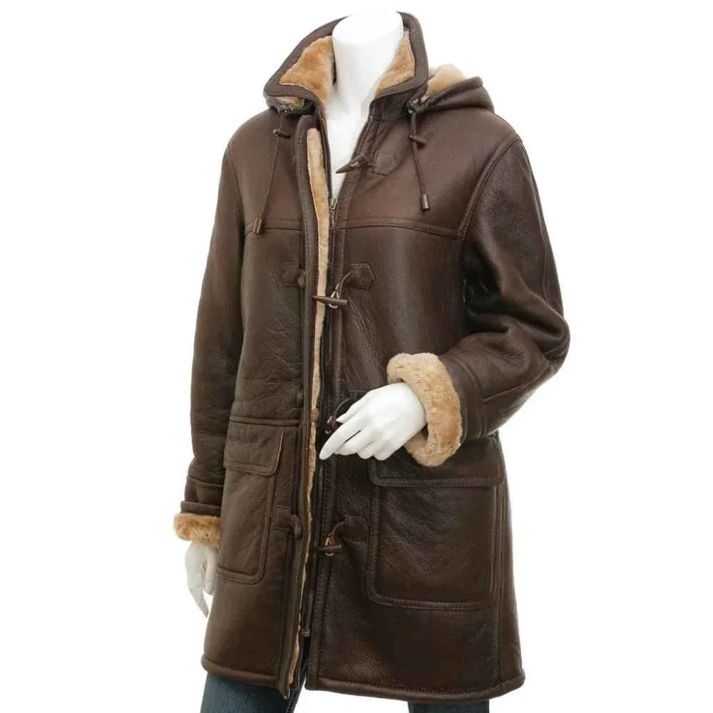 women's brown sheepskin duffle coat with hood