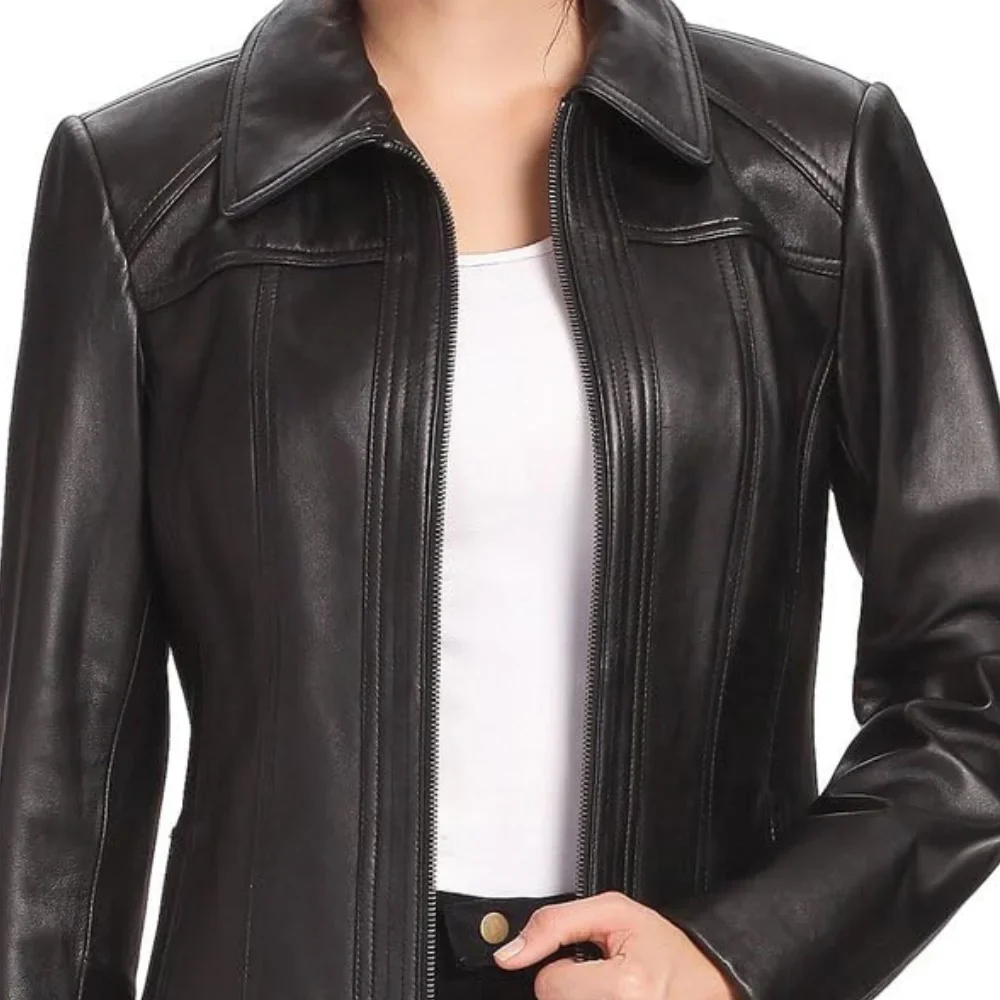 womens three quarter black long leather coat