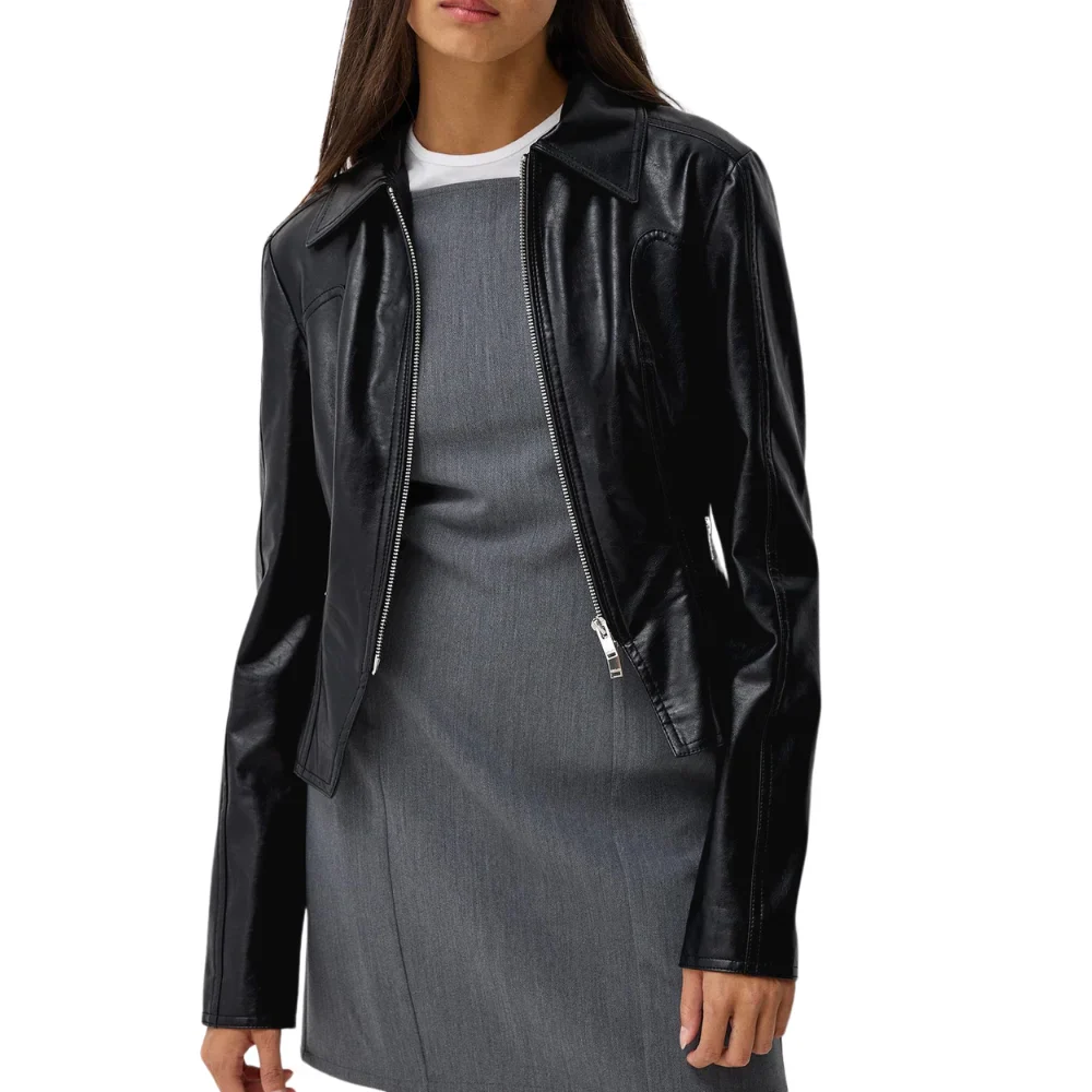 womens shirt collar leather black jacket
