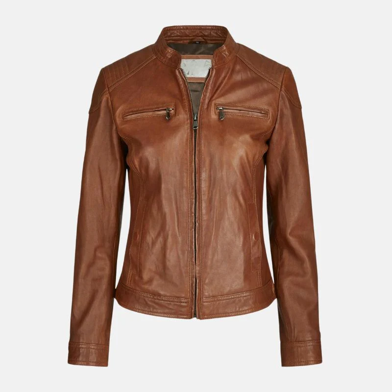 slim fit motorcycle tan leather jacket for womens