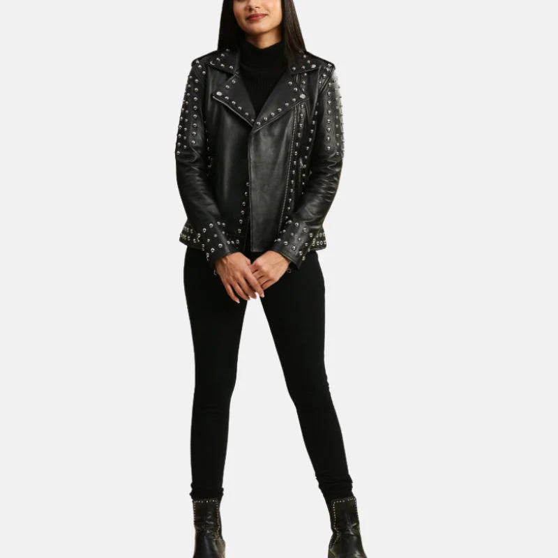 womens studded motorcycle black punk leather jacket