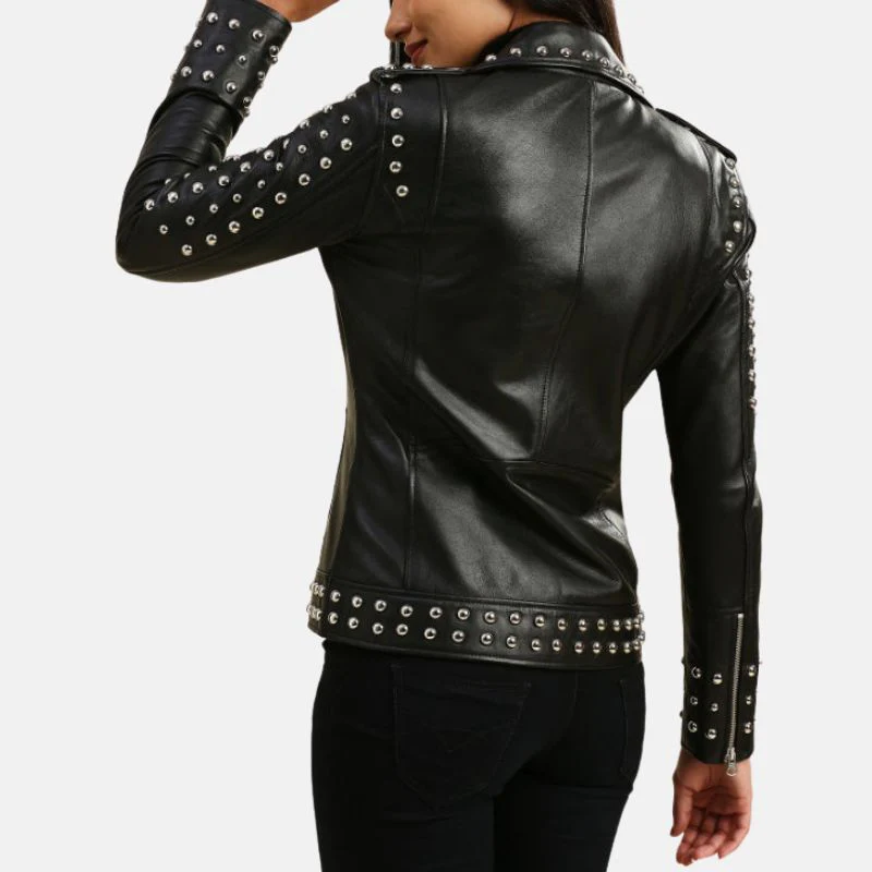 womens studded motorcycle black punk leather jacket