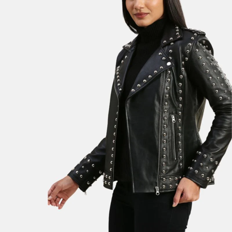 womens studded motorcycle black punk leather jacket