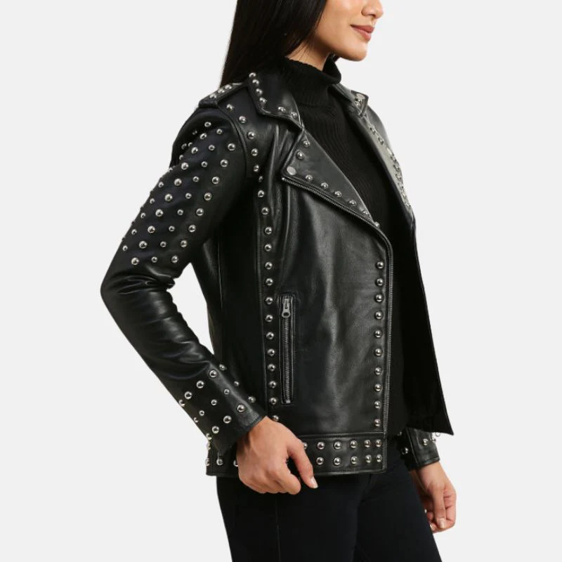 womens studded motorcycle black punk leather jacket