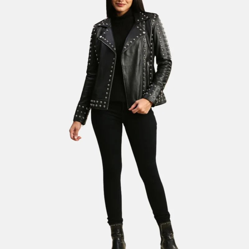 womens studded motorcycle black punk leather jacket