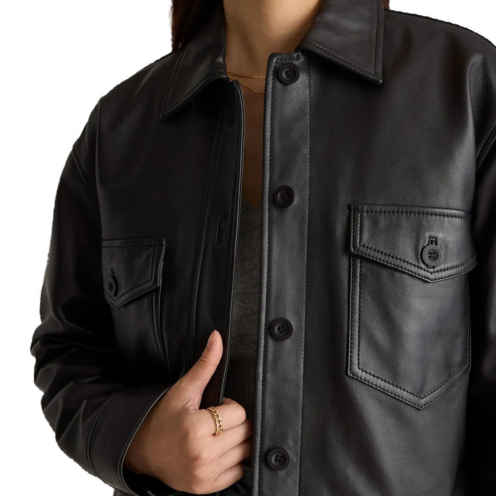 womens cropped black leather trucker jacket