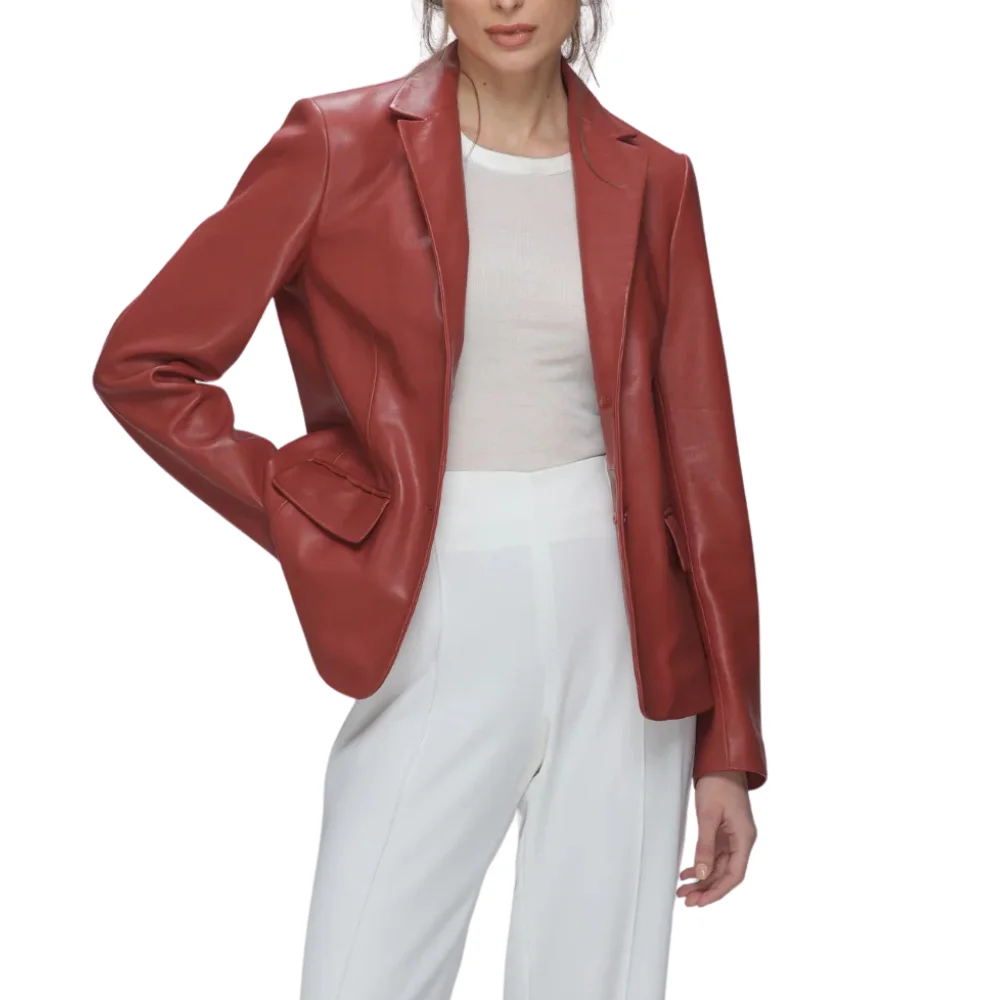 modern notch lapel red leather blazer ladies