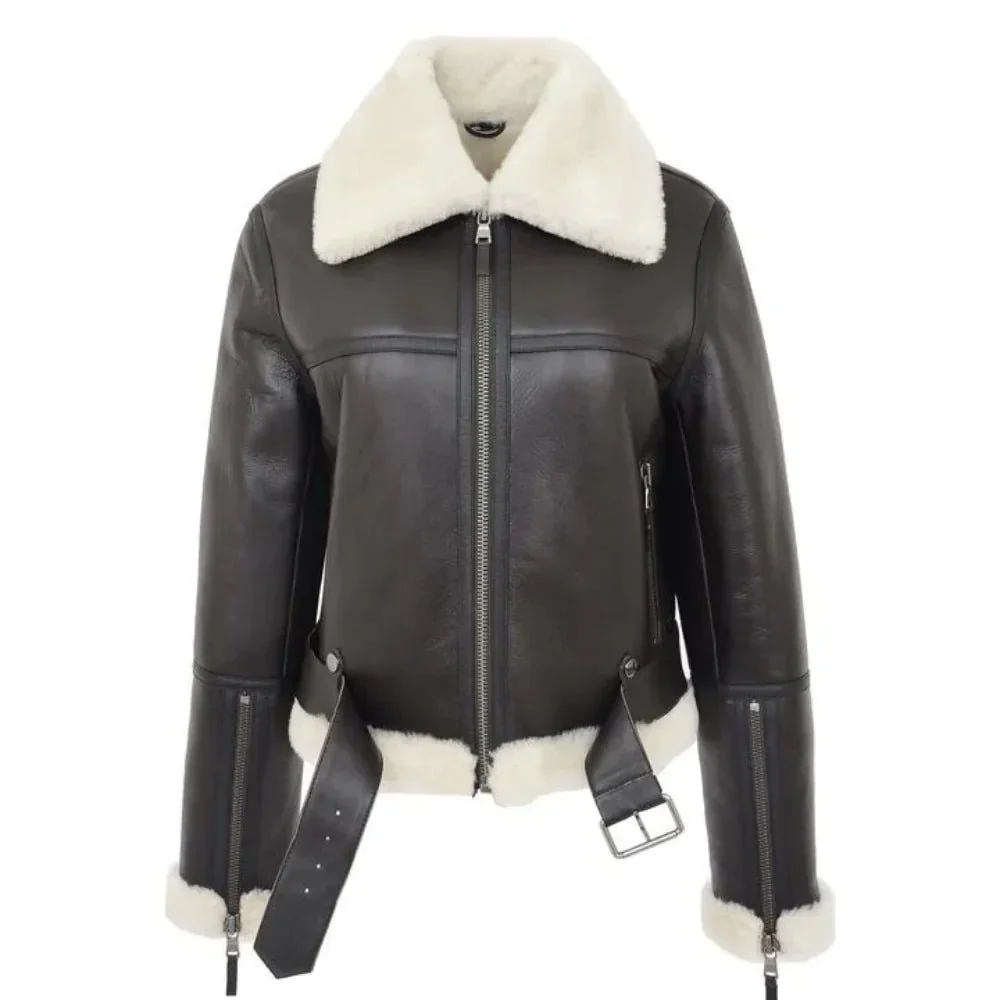 womens sheepskin b3 belted black leather shearling jacket aviator