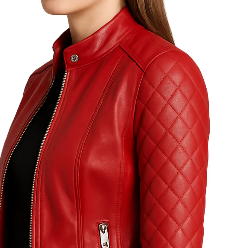 women's quilted real leather red cafe racer jacket