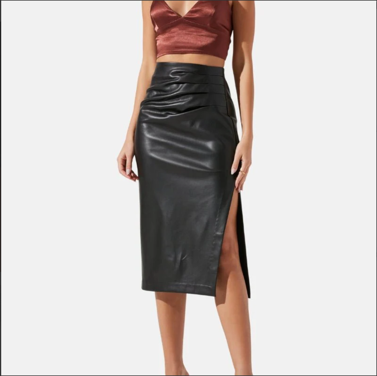 women's classic black leather pencil midi skirt