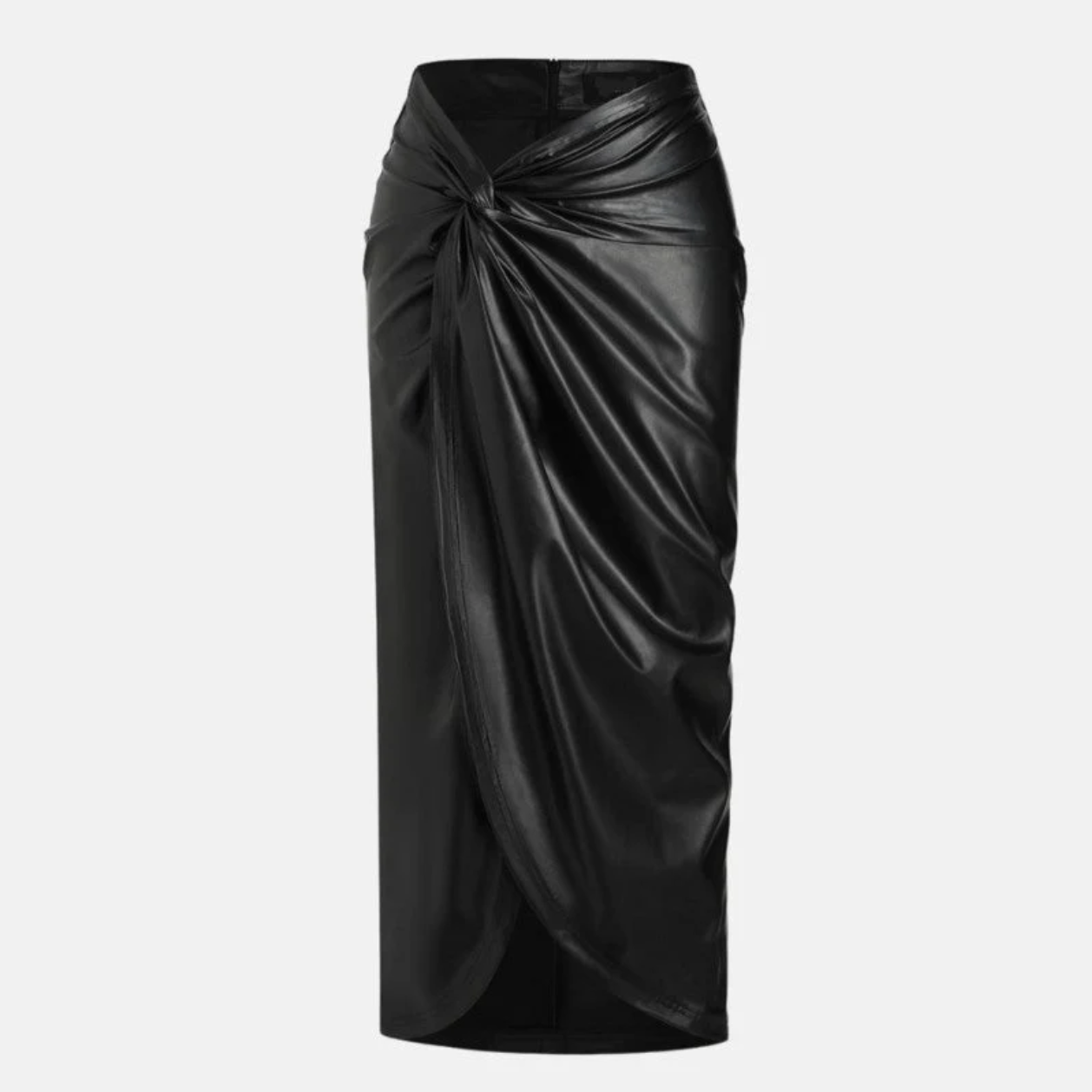 women's twisted long black leather skirt