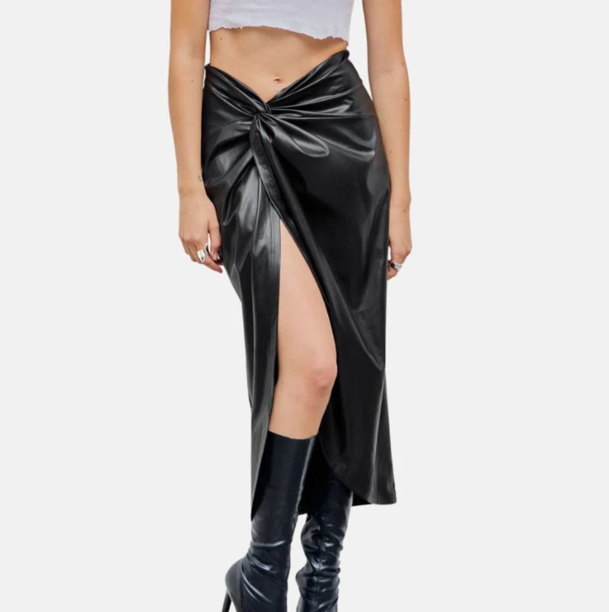 women's twisted long black leather skirt