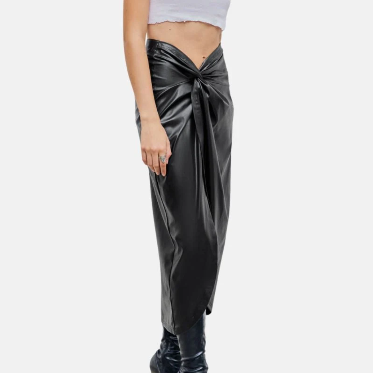 women's twisted long black leather skirt