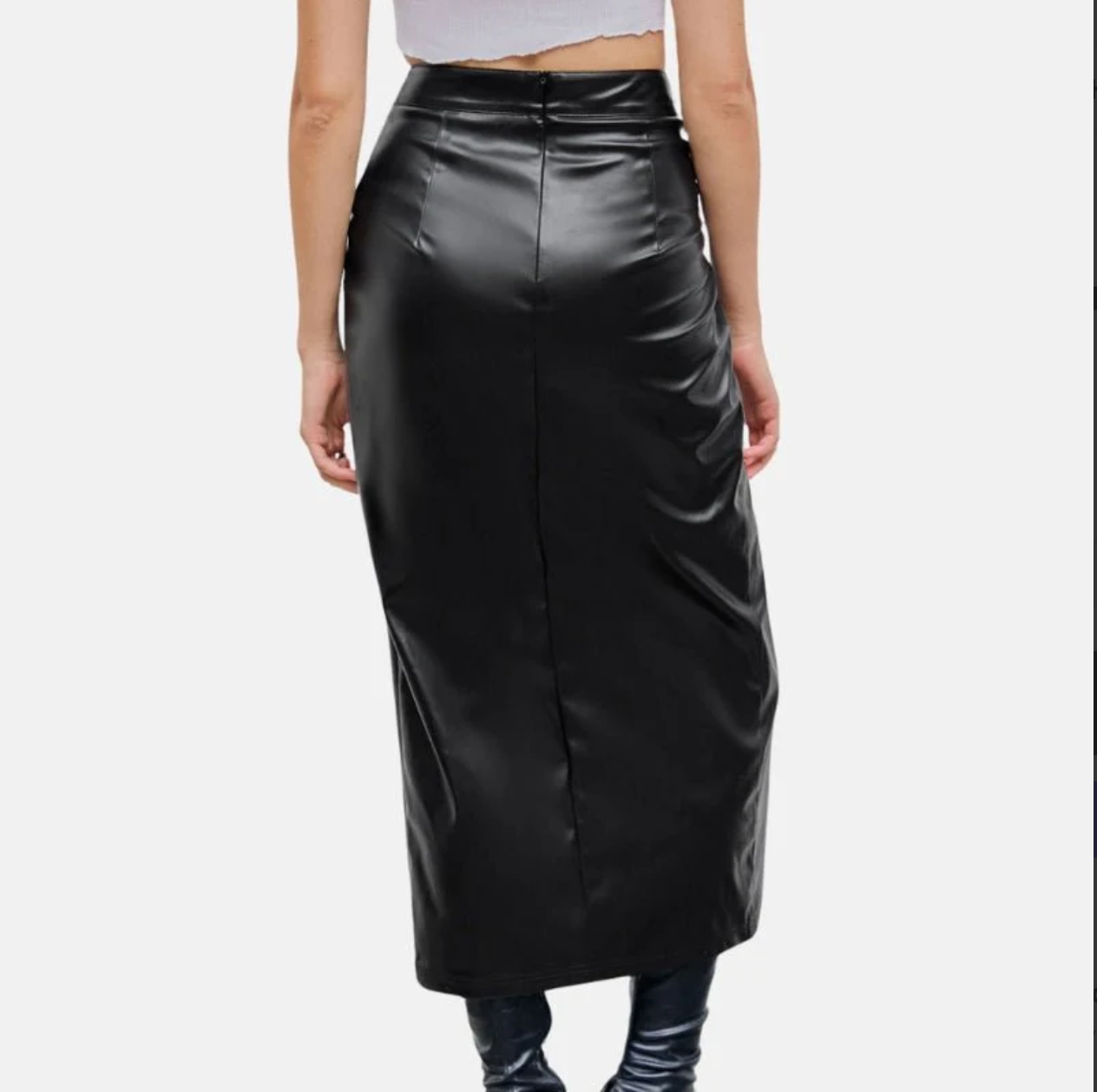 women's twisted long black leather skirt