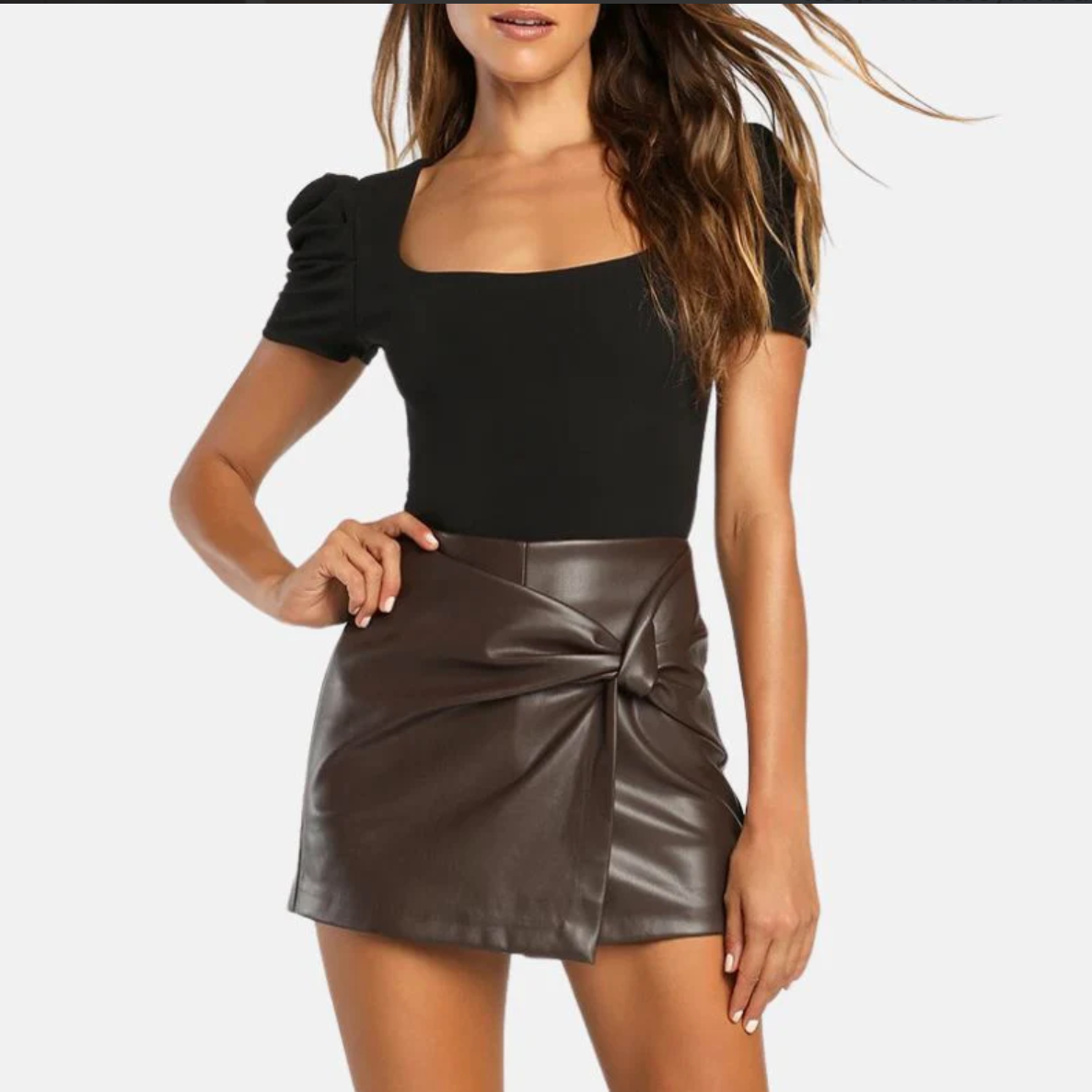 women's brown leather mini twisted skirt