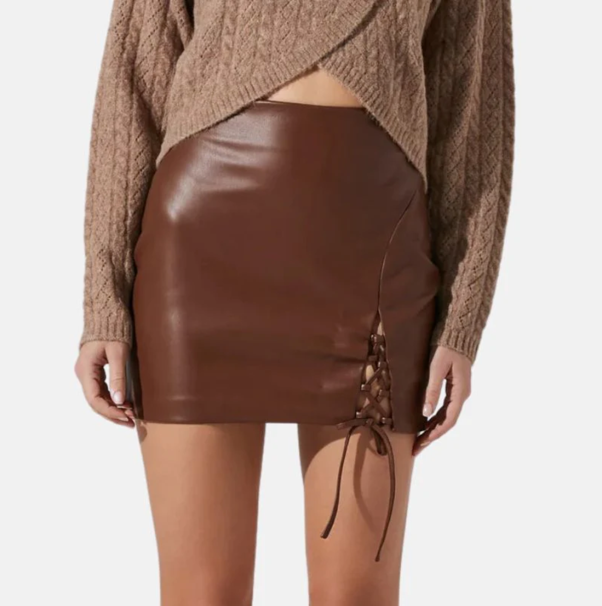 women’s brown leather lace up mini skirt