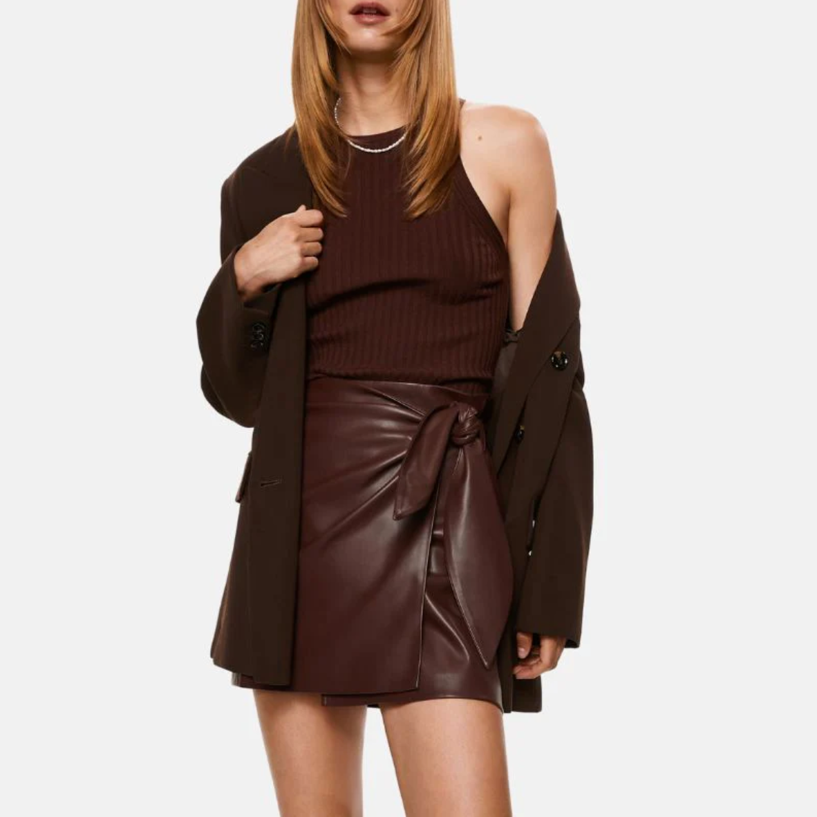 women's dark brown side knot mini leather skirt