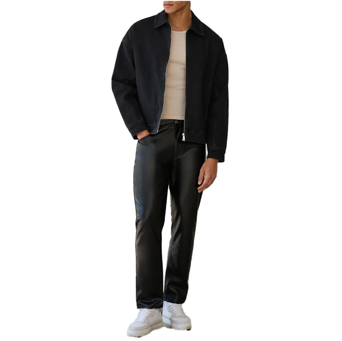 straight fit black leather pants mens