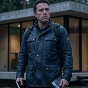 The Accountant 2 Christian Wolff Navy Blue Leather Field Jacket