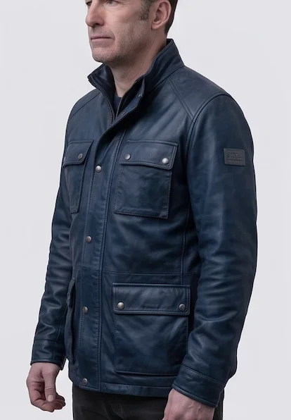 The Accountant 2 Christian Wolff Navy Blue Leather Field Jacket - Image 6