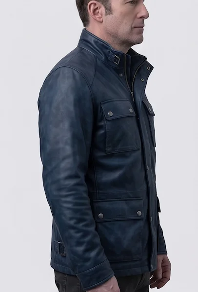 The Accountant 2 Christian Wolff Navy Blue Leather Field Jacket - Image 5
