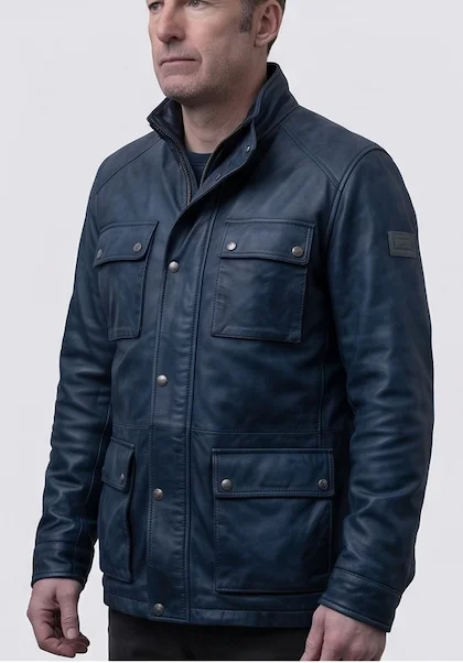 The Accountant 2 Christian Wolff Navy Blue Leather Field Jacket - Image 4